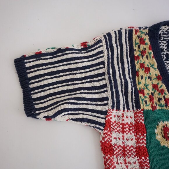 VTG Eagle’s Eye Patchwork Knit Cardigan 55% Ramie 45% Cotton Eclectic Grandpa M - Picture 8 of 9